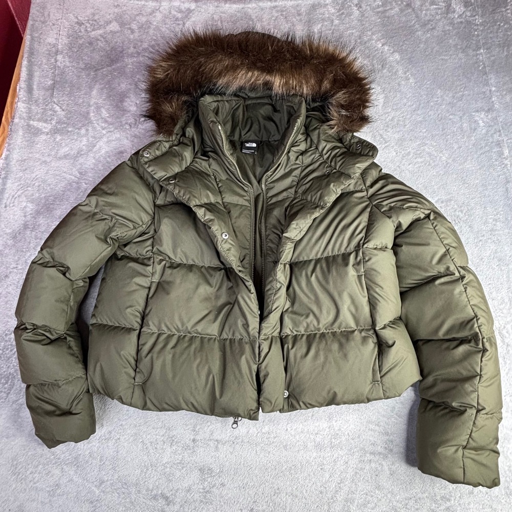 North Face Puffer Jacket Womens Large Olive Green Dealio Down Faux Fur Hood